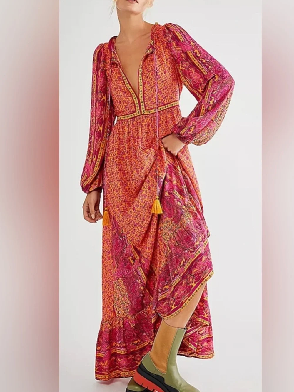 Free people happy feelings Boho long sleeve Maxi Dress